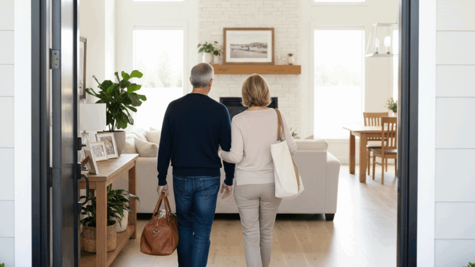 Couple entering their closed-up home after returning from vacation. Home Watch.