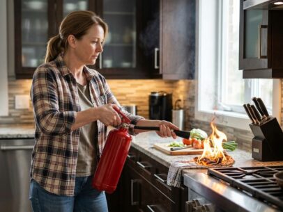 Woman putting out kitchen with with fire extinguisher