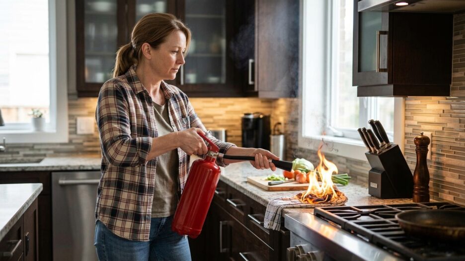 Woman putting out kitchen with with fire extinguisher