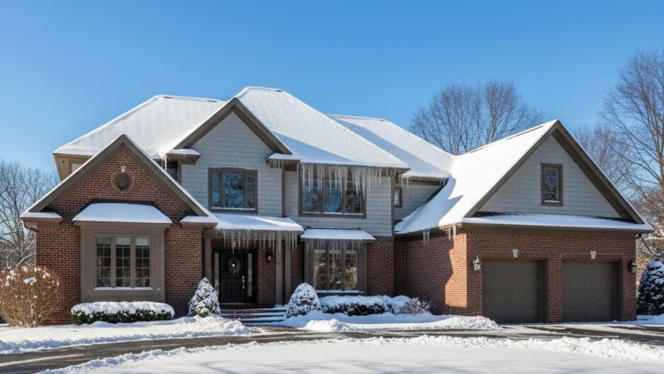 Home Watch in winter in Northern Virginia. Large home in snow and ice.