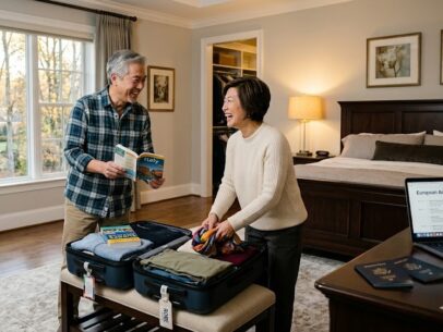 Asian couple packing for a trip from Northern VA, Engaging home watch.