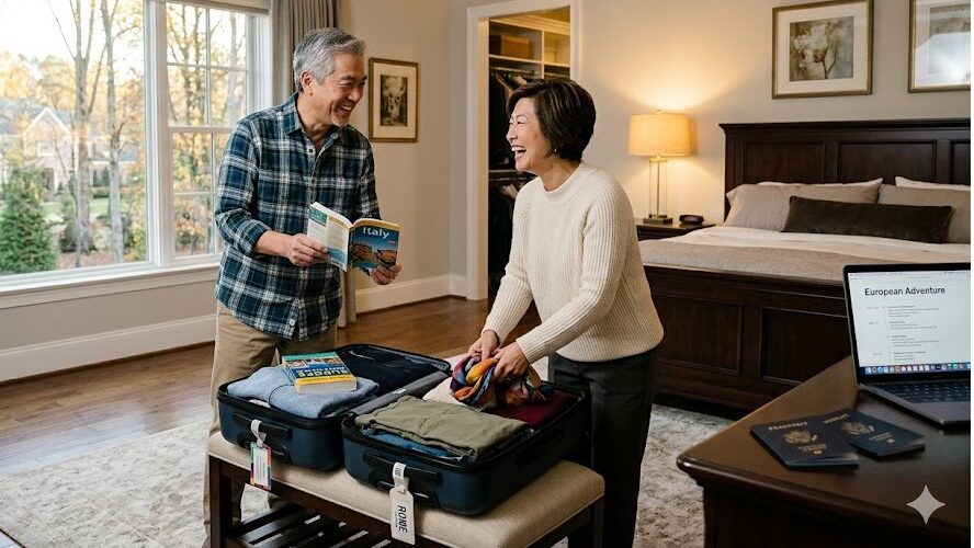 Asian couple packing for a trip from Northern VA, Engaging home watch.