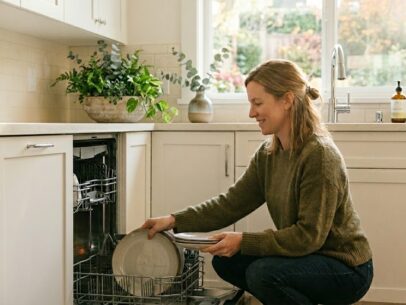 woman in her 30s loading an energy-efficient dishwasher
