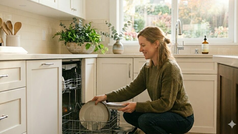 woman loading energy-efficient dishwasher woman in her 30s loading an energy-efficient dishwasher