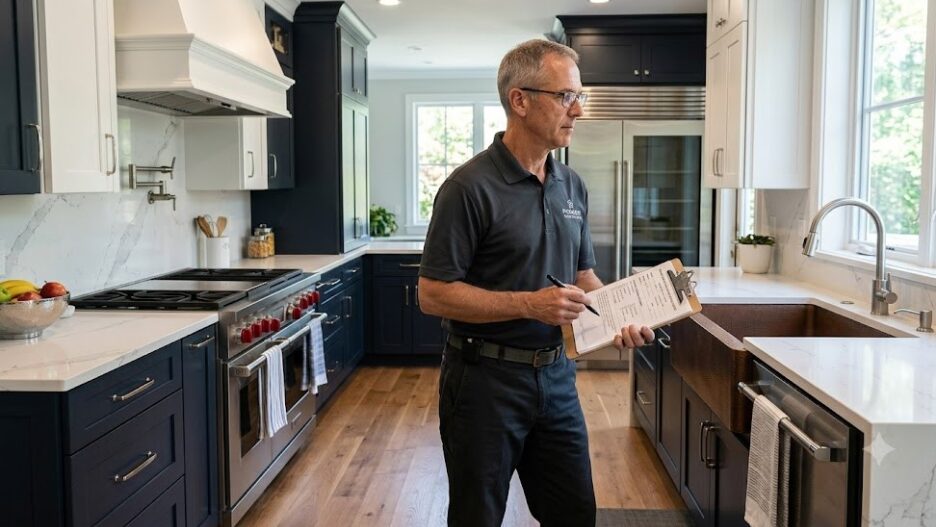 vacation timing home watch schedule Male Home Watch inspector monitoring a homeowner's kitchen in Northern VA