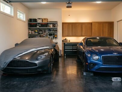Two luxury vehicles being prepared for long-term storage in a home garage
