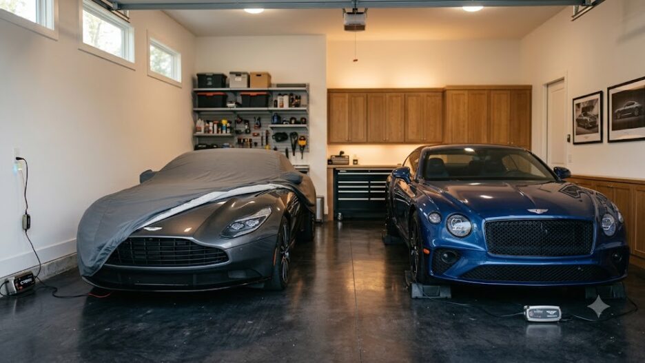 Two luxury vehicles being prepared for long-term storage in a home garage